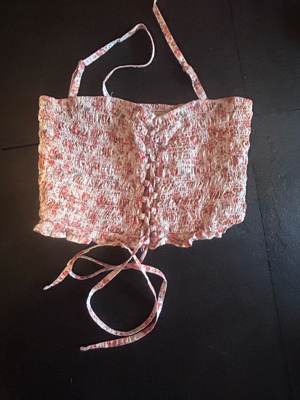 Smocked Lace-Up Crop Tank Top - Orange Floral